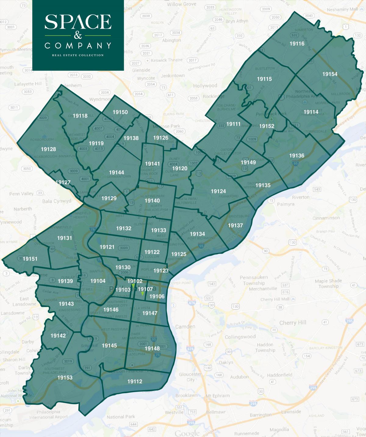 mapa do centro da cidade de Filadélfia código postal